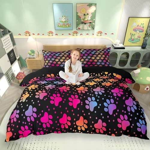 feelingyou Dog Paw Print Comforter Cover King Size,Watercolor Gradient Puppy for Dog Lover Bedding Set for Modern Room,Funny Pets Animal Duvet Cover Set with 2 Pillowcases, Ultra Soft Bed Spread