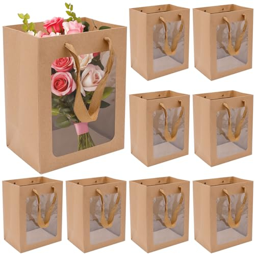 10 Pezzi Sacchetti Regalo con Finestra Trasparenti, Sacchetti di Carta Kraft Riutilizzabili Brown Party Sacchetti di Carta per Compleanno Matrimoni Feste