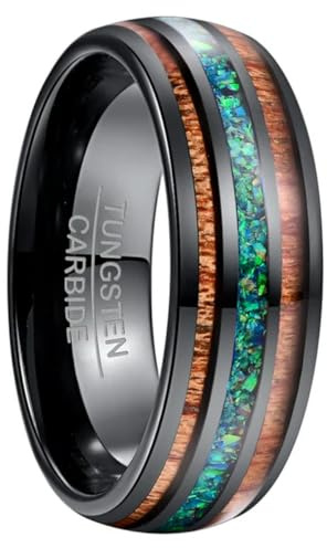 YAHOYA Comfort Fit 8mm natürlicher Akazienholzring mit Buchstabe I Love You Grüner Opal-Wolframkarbid-Ring für Männer Name