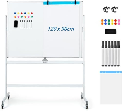 GYMAX Lavagna Magnetica con 4 Ruote, Lavagna Bifacciale con Set di Accessori, Cancellabile a Secco, Lavagna Mobile Regolabile in Altezza, per Scuola, Ufficio, Casa (120 x 90cm, Bianco)