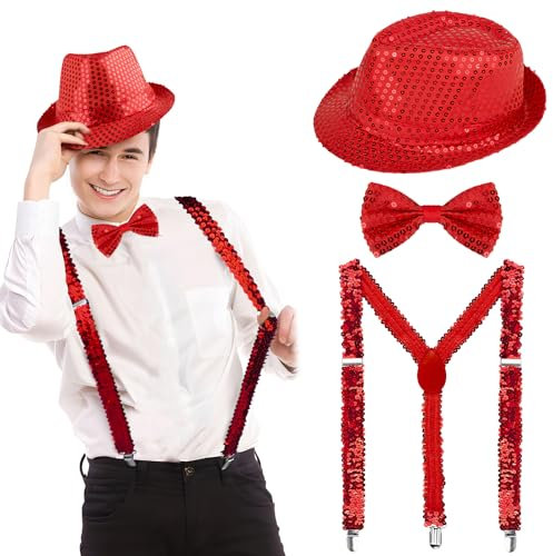 BOFUNX Silvester Kostüm Accessories, Pailletten Zylinder Hut Hosenträger und Fliege glitzer Silvester Outfit für Karneval Mottoparty JGA Herren Damen Kostüm Zubehör