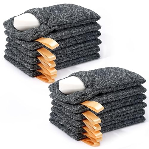 Antimbee Lot de 12 pochettes à savon, sac exfoliant pour le corps, pour économiser du savon de douche, chaussettes à savon en maille grise pour peaux sensibles et rugueuses