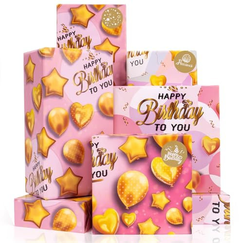 Larcenciel Geschenkpapier Geburtstag, Rosa Geschenkpapier mit Aufkleber, Herzen Stern Luftballon Vintage Geschenkpapier für Mädchen Kinder, Geschenkverpackungen für Baby Shower Party (70x50cm, 4Blatt)