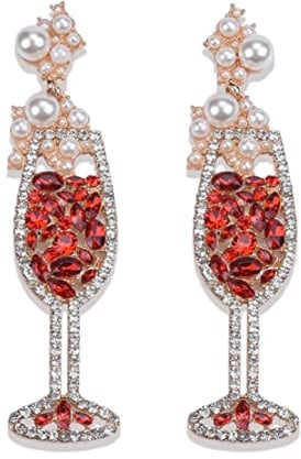 Boucles d'oreilles en verre de vin rouge pour femmes, Boucles d'oreilles mignonnes en perles de vin, Boucles d'oreilles pendantes en verre de vin de champagne perlé hypoallergénique