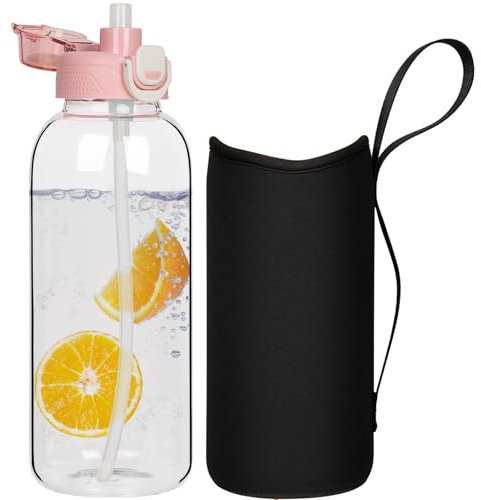 DEARRAY 2 litri Grande Borraccia Vetro con Cannuccia, 2l Sportivo Bottiglia d'Acqua Vetro a Prova di Perdite con Guaina Protettiva in Neoprene