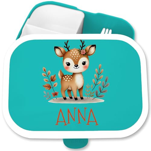 Brotdose Kinder Campus Mepal - Kinderbrotdose mit Reh-Motiv | Personalisierte Kinderbrotdose mit Reh | Geschenkidee für Schulanfang oder Kindergartenstart - 750 ml - Türkis