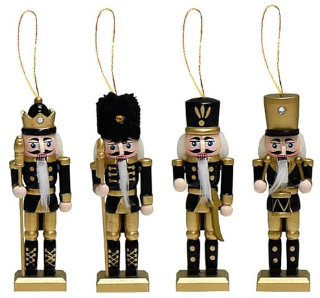 Ornements en bois de casse-noisette de Noël, casse-noisette en bois pour Noël - 4X Pendentif de Noël en bois avec figurine Casse-Noisette - Accessoires de photographie de soldat en or noir, décor sais