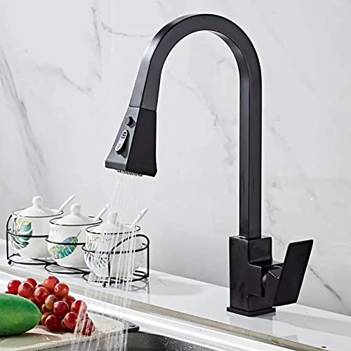 DPNABQOOQ WaterFaucet Küchenarmaturen, verchromter Einhand-Auszieh-Küchenarmatur, Einloch-Griff, drehbar, 360-Grad-Wassermischbatterie, Chrom(Noir)