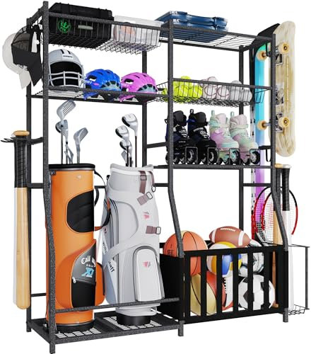 HOMREST Sports Equipment Storage,2 Golf Bag Storage Stand, Ball Holder, Garage Sports Organizer with Basket and Hooks, Sports Ball Storage Car for Toy Sports Gear Storage, Black
