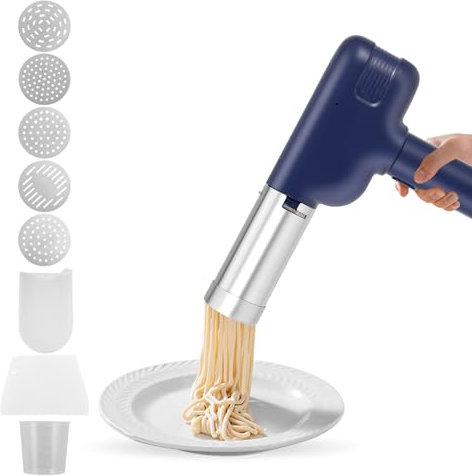 Elektrische Nudelmaschine Handheld, Tragbare Nudelmaschine Pasta Maker Kabellose Pastamaschine Elektrisch Spaghettieispresse mit 2000mAh Akku, 5 Pressformen, 8 Zubehörteilen für Haushalt