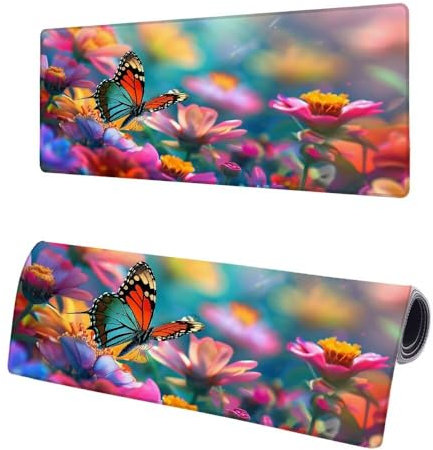 Large Mouse Mat Colorful, Extended XXL Flower Gaming Mouse Pad Desk Pad 700x300x3mm, Mouse Mat with Non-Slip Rubber Base, Soft Smooth Surface, Stitched Edges Mousepad, Improved Precision and Speed P-1