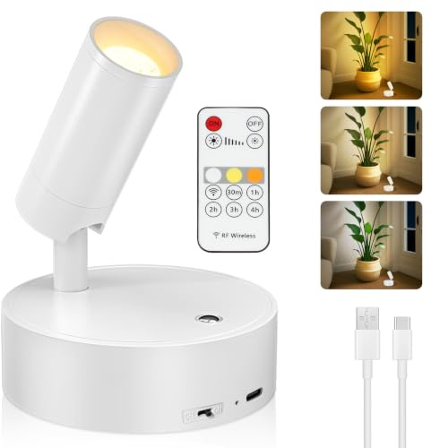 Kimjo Spot LED Rechargeable USB, Applique Murale Intérieure Sans Fil Blanc | 2600mAh Dimmable Spots Muraux avec Télécommande, Rotation à 350°, Lampe Murale avec Minuterie pour Plantes, Salons, Chambre