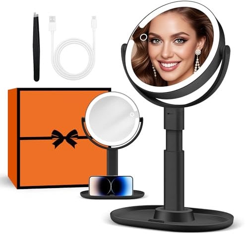 B Beauty Planet Makeup Mirror with Lights, Lighted Magnifying Mirror 30X with 3 Lighting and Adjustable Brightness, 2-Sided Height Adjustable Vanity Mirror for Bathroom, Present for Women Black