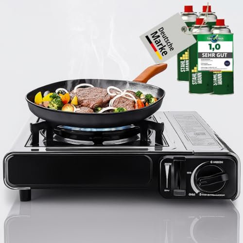 STAHLMANN Gaskocher inkl. 4 Kartuschen - Campingkocher mit Piezozündung - Camping Gaskocher stufenlos regulierbar - Gaskocher Camping 1-Flammig (4 Kartuschen)