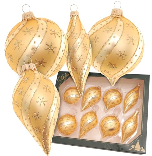Krebs Glas Lauscha - Weihnachtsdekoration/Christbaumschmuck aus Glas - Kugeln und Tropfen Satin Formenset mit Streifen & Sterne - Farbe: Gold - Größe: ca. 7-10 cm