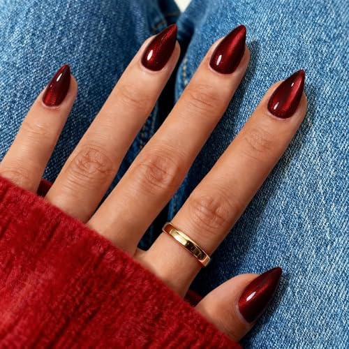 KQueenest Press On Nails Short - Wine Red to Black Press On Nails Almond Shape, Glitter Cat Eye Fake Nails, Reusable Cute Dark Gel Glue On Nails with Color-Shifting Glow, 30 Pcs