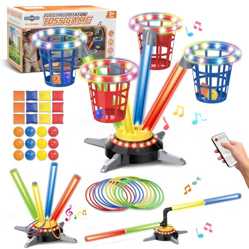 TERRAMUS Juego de lanzamiento de anillos 3 en 1 con saquito de arena para niños, juego de salto recargable con música y luz, plato giratorio eléctrico, saquito de arena, anillos, juguete deportivo de