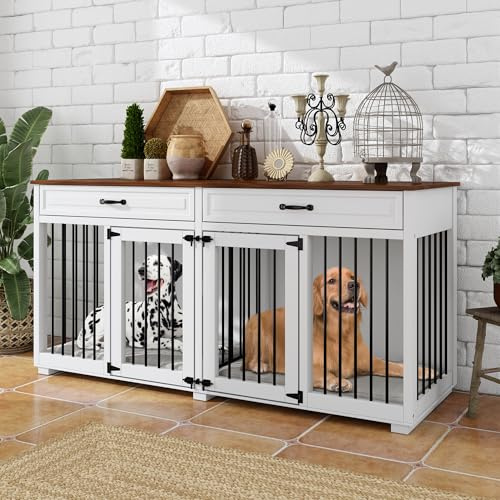 Large Dog Crate Furniture, Heavy Duty Dogs Cage with Double Doors, Divider, 2 Drawers, Wooden Indoor Dog Kennel Side Table, 164L x 60W x 80H cm, Brown & White