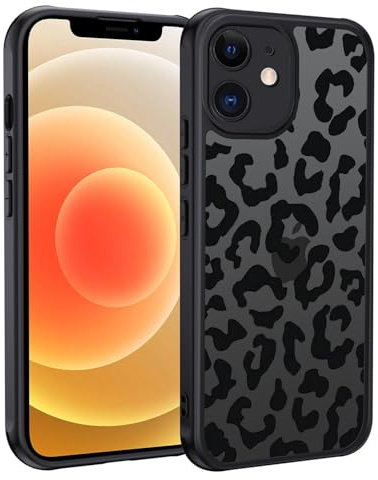 XTCASE für iPhone 12 Mini Hülle, Aesthetic Leopard Muster Frauen Mädchen Case Matt Transluzente Handyhülle Kratzfeste PC Rückseite + TPU Bumper - Schwarz