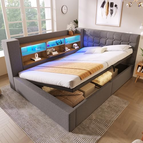 Oxtao Polsterbett Schlafsofa 140x200cm, Tagesbett mit LED-Beleuchtung, hydraulischem Stauraum, L-förmigem Kopfteil mit Stauraum, beidseitig montierbar, Lattenrost, Leinen (Grau-Ohne Matratze)
