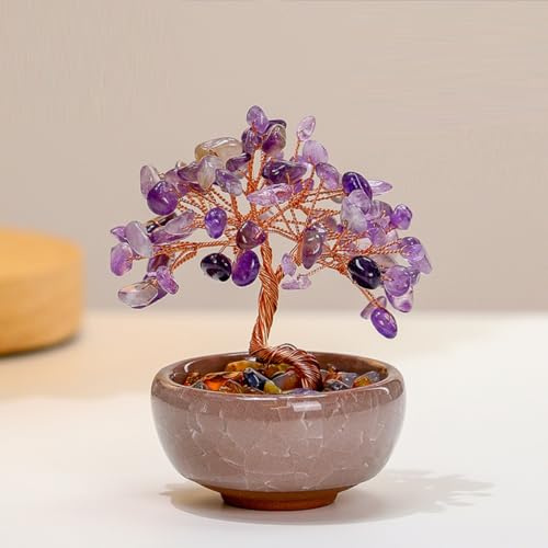 FOLANDO Amethyst Tree with Pot, Crystal Bonsai Tree Gemstone Trees Ceramic Pot Colored Pebbles,Purple Crystal Decor Home Office Desk Ornament Yoga Meditation Decoration 10x10x6cm