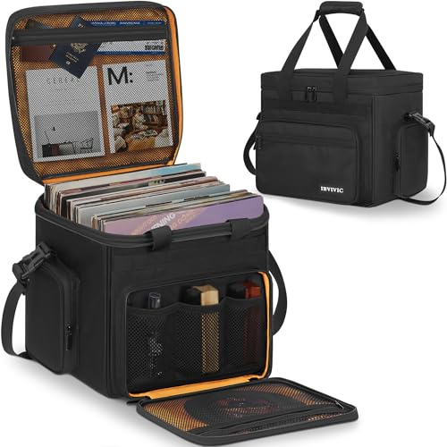 IBVIVIC Vinyl-Schallplatten-Tragetasche, Reise-Aufbewahrungstasche für Vinylalben, Schallplattenaufbewahrung, Organizer mit 2 abnehmbaren Trennwänden, groß