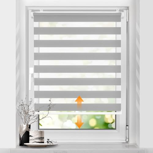 SBARTAR Doppelrollo schnurlos Hellgrau B40 x H150cm (Stoffbreite 40cm) | Klemmfix Rollos für Fenster ohne Bohren & zum Bohren Drücken Und Ziehen Springrollos Lichtdurchlässig Aber Blickdicht