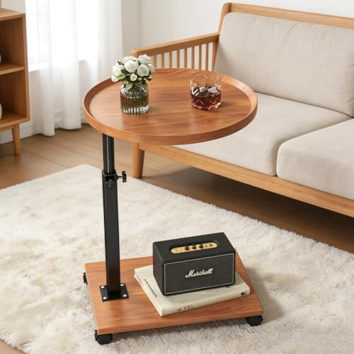 Beistelltisch C-Form, Beistelltisch Höhenverstellbar, 45-80 cm, mit Rollen | 360° Drehbar, Holz Sofatisch, Mobiler Klein Beistelltischs, C-Form Sofatisch für Sofa, Wohnzimmer, Schlafzimmer