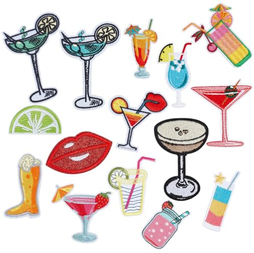 PH PandaHall 15 Stück Martini Gestickt Bügel Auf Aufnäher Gestickt Aufnäher 15 Stile Bunte Applikation für Baseball Kappen T Shirts Rucksäcke