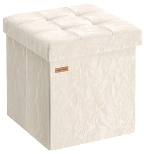 SONGMICS Sitzhocker 38 cm, faltbar, mit Deckel, PU-Leder | Aufbewahrungsbox, Fußhocker, bis 300 kg belastbar, für Eingang, cremeweiss, MINOTA Kollektion LSF522WD01