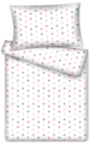 KiGATEX Kinderbettwäsche Stars 2-TLG. 100% Baumwolle 40x60 + 100x135 cm mit Reißverschluss (Rosa-grau)