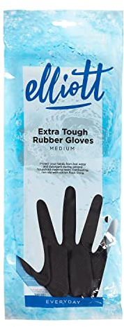Elliott Heavy Duty Household and Maintenance Rubber Gloves, Medium Size Gloves with breathable flock Lining and non-slip grip, One pair of Black Gloves