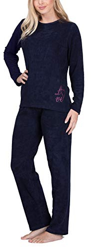 Moonline Frottee Schlafanzug Damen Pyjama mit Baumwolle | Pyjama lang von Größe S bis 4XL, weicher Baumwollmix mit Motivdruck, gemütliche Homewear, bequemer Gummizugbund, Zweiteiler