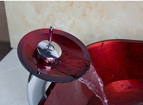 Gowe Badezimmer Art Rund Waschbecken rot Waschbecken aus Sekuritglas mit Wasserfall Chrom Wasserhahn Set