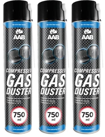 AAB Bombe Air Sec 3x750ml, Bouteille Air Comprimé, Nettoyage des Ordinateurs, Dépoussiérant en Spray, Enlever la Poussière, sans Odeur Aérosol, Computer Cleaner, Informatique Matériel