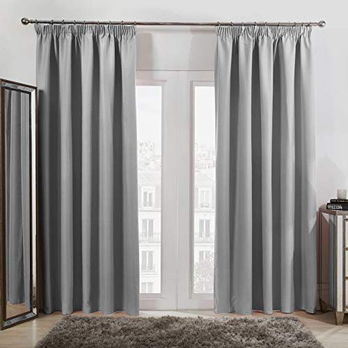 Dreamscene Pencil Pleat Blackout Curtains Set of 2 Thermal Tape Top Heading Panels, Silver Grey - Width 66 x Drop 90