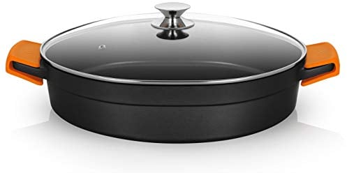 Orbegozo CDB 1040 Cacerola Baja Aluminio Forjado, 10.5 L, Superficie Antiadherente Libre de PFOA, Asas de Silicona, Tapa de Cristal Templado