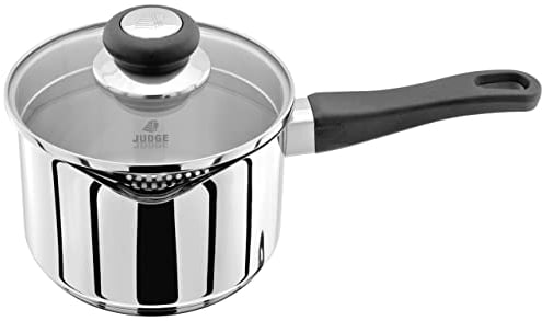 Judge Vista Stainless Steel Large Saucepan - 1.5L 16cm, Pouring Lip & Straining Glass Lid - Induction Ready, Oven Safe, Cool Touch Handle, Thick Base Even Heat Distribution, Soup, Milk