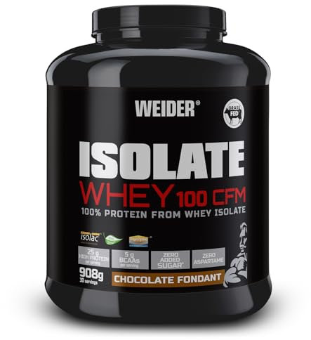 Weider Isolate Whey 100 CFM (908g) Chocolate-Fondant Flavour. Protein Powder with 25g Proteins and 5g BCAAs per Serving. Zero Added Sugar. Aspartame-Free.