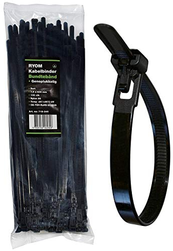 Ryom Kabelbinder Wiederverschließbar 7,5x400mm Schwarzes Nylon, 100 Stück