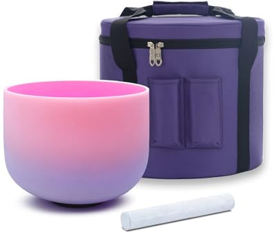 KVKA Rainbow F Note Heart Chakra Pink-Puprle Color Frosted Quartz Crystal Singing Bowl 8 inch with Carrying Case