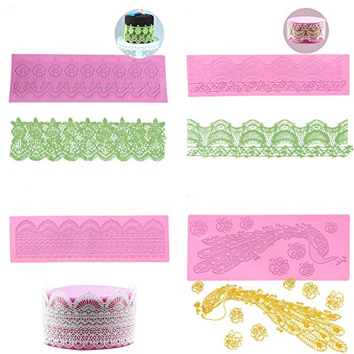 Alfombrilla de silicona de encaje, 4 piezas de encaje de azúcar, moldes de encaje de silicona, moldes de encaje para tartas, fondant, herramientas para decoración de tartas, diseño de flores