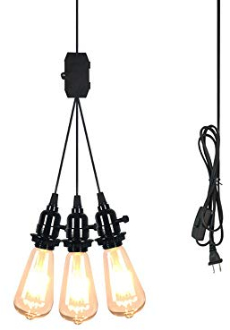 WFZRXFC 3 Lichter Eisen Basis Pendelleuchte Retro-Schalter Mit Stecker Leuchte Moderne minimalistische Stil Deckenbeleuchtung Geeignet für Industrial Village Farmhouse Warehouse Kronleuchter