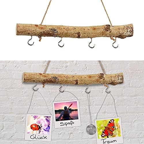 Cepewa Deko-Holzstange DIY 30 cm │4 Metallhaken naturfarben Juteseil zum Aufhängen │saisonale Dekoration (1 x Dekostange Birke 30cm 4 Haken)
