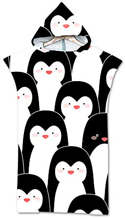 Hearda Schwimmen Surfen Strand Poncho, Saugfähiges Schnelltrocknend Kapuzenhandtuch, Mikrofaser 3D-Muster Kleidung wechseln Bademantel für Herren Damen (Pinguin,110x75cm)