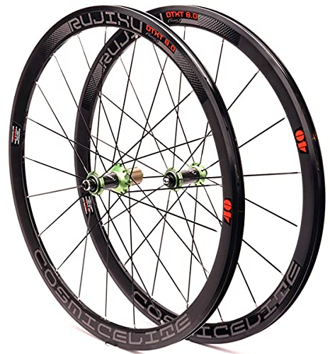 RUJIXU 700c Rennrad-Laufradsatz Rennrad Laufrad Doppelwandige Felgen 40mm 8-11 Geschwindigkeit Kassette Kohlefaser-Nabe Schnellspannrad Felgenbremse 1900g (Color : Green hub, Size : 700C)