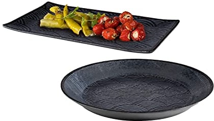 Melamin Geschirr 2-er Set Servierplatten, Campinggeschirr schwarz mit Dekor