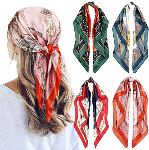 QBSM Lot de 4 foulards de tête en satin de 89,9 cm - Sensation soie - Pour dormir - Grand foulard carré pour femme, Double chariot bleu marine/rose/vert/rouge, Large