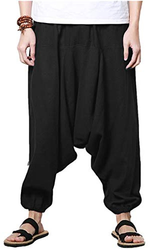 AITFINEISM Men's Drawstring Casual Hippie Harem Pants Loose Drop Crotch Trousers (XXL,Black 3)
