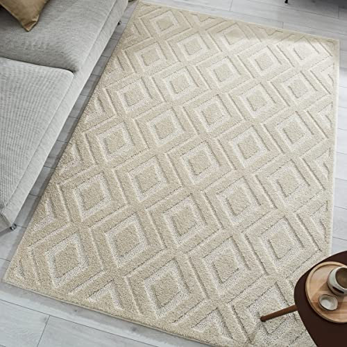 Nazar Harmonie Teppich Wohnzimmer Schlafzimmer Teppich Creme Teppich Uni Weich Teppich Relief Teppich Geometrisches Muster Großer Teppich Flur Teppich (912 Creme 160 x 230 cm)
